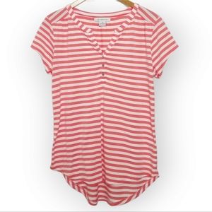 Liz Claiborne Striped Tee Hi-low Split Neck Popover Button-up Coral White Small